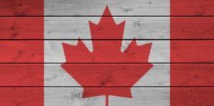 Canada flag depicted in bright paint colors on old wooden wall close up